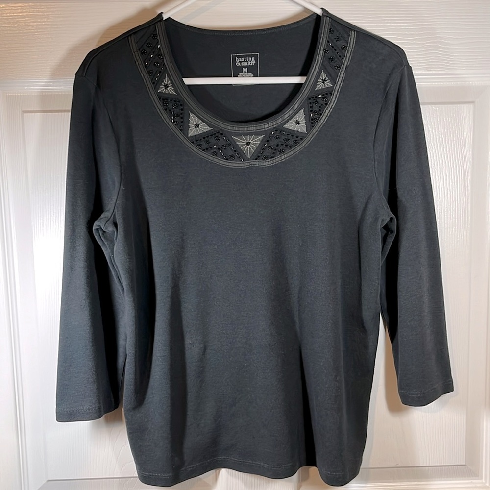 EXC Women’s M Top Embellished Beads Black Slip On U Neck 3/4 Length Sleeved